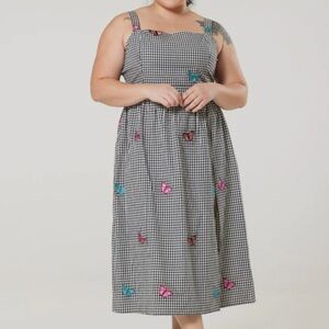 Timeless London Women 16 Gingham Butterfly Embroidered Fit & Flare Midi Dress